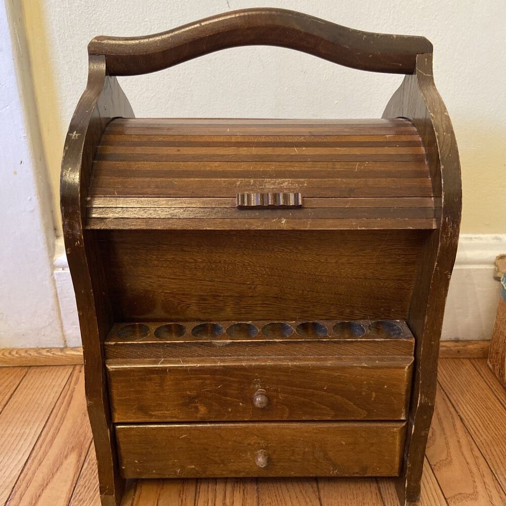 Antique Sewing Box Wooden Box Accordion Roll Top 2 Drawers Handle Organizer Nice